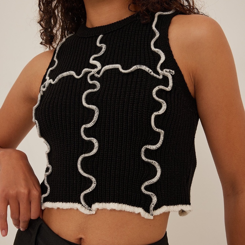 NA-KD Black Knitted Contrast Seam Top - Size XS